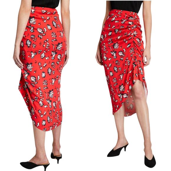 VERONICA BEARD Skirt Cheryl Red Floral Printed Ruched Midi Assymetric Hem 0 NWT - Picture 9 of 9